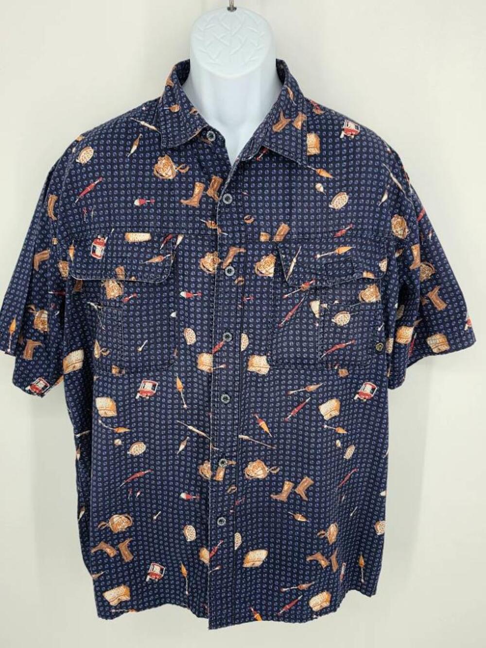 Coleman Vintage Fishing Print Short Sleeve Button Down Shirt Navy Men Size XL